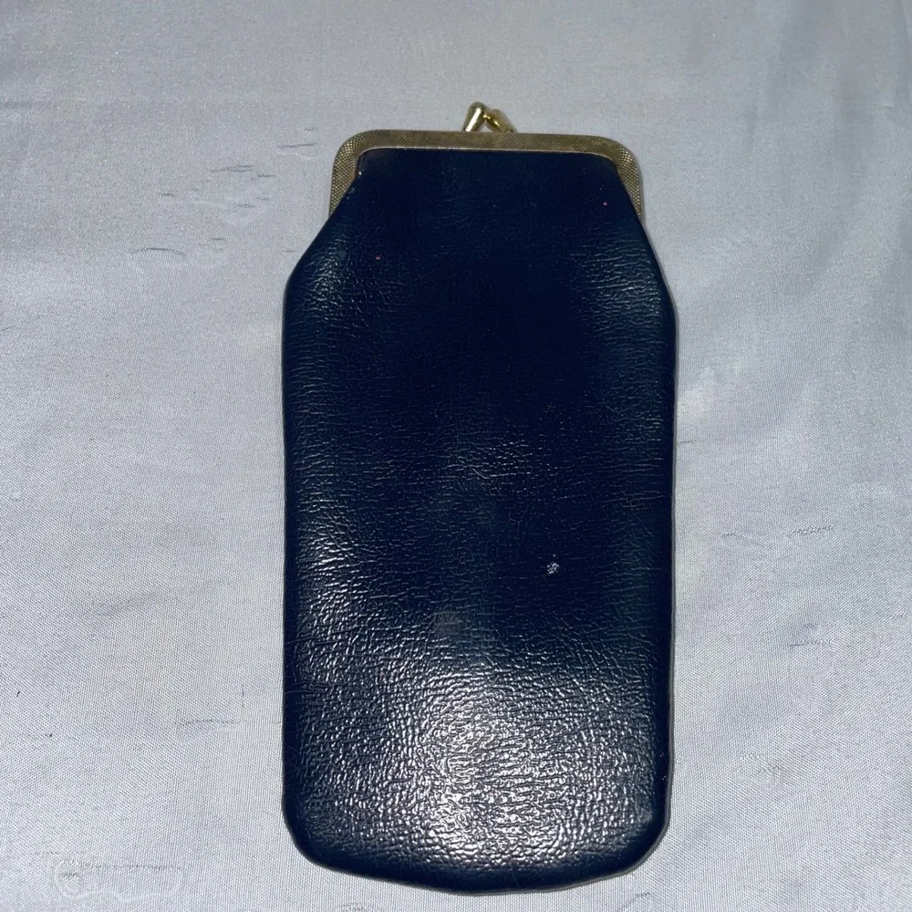 Vintage Black Faux Leather Kiss Lock Eyeglass Case Gold Tone Hardware Retro